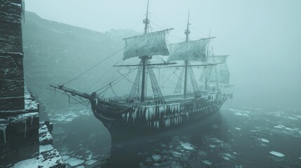 Obraz premium Frozen Harbor of the Ghostly Ship - Haunting 3D Render of Frost-Coated Vessel in Dark Waters and Eerie Mist, Tales of Adventure and Tragedy | Ultra-Detailed Illustration