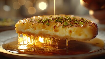 A single slice of knefe being pulled away, revealing melted cheese, with crushed pistachios on top and syrup shining in the light.