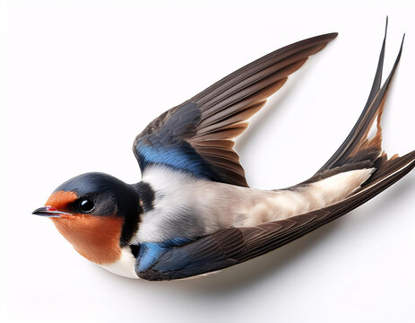 A Barn Swallow in flight, its wings outstretched and its long tail feathers trailing behind