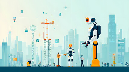 Obraz premium Robots inspecting building structures in futuristic cityscape