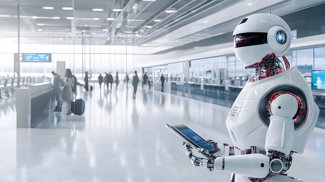 3D robot assisting travelers at modern airport terminal, showcasing technology