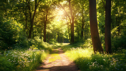Fototapeta premium Beautiful sunlit forest path surrounded by lush green trees and wildflowers on a sunny day, capturing the serene, natural beauty of the woodland. Sunlit Forest. Illustration