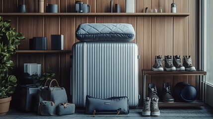 Travel concept with a large suitcase and other accessories. 