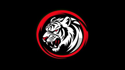 Bold, simplistic red and white tiger logo in a circular frame with sharp angles and a fierce expression.
