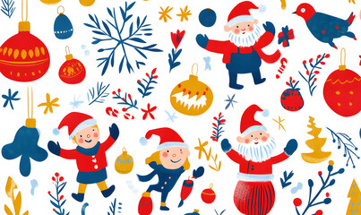 Naklejka premium Joyful Christmas and New Year Collection: Santa, Festive Animals, Whimsical Decorations, Cozy Holiday Scenes, and Playful Winter Elements on White Background