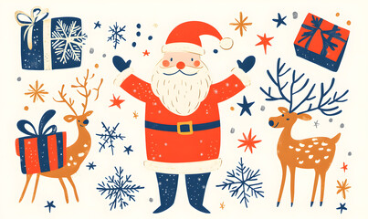 Fototapeta premium Joyful Christmas and New Year Collection: Santa, Festive Animals, Whimsical Decorations, Cozy Holiday Scenes, and Playful Winter Elements on White Background