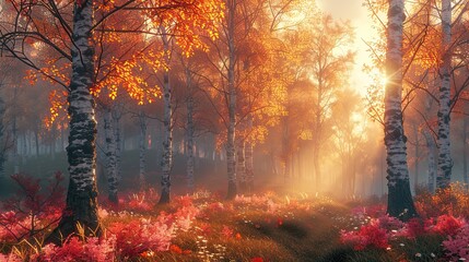 Forest in autumn, with soft orange and pink leaves, soft sunlight shining through the trees.