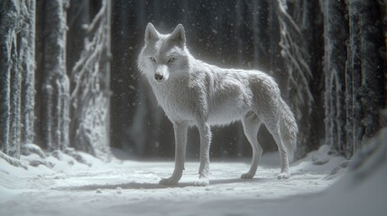 Obraz premium Majestic Wolf in Winter Wonderland - 3D Render with Silvery Fur Standing in Snowy Clearing Surrounded by Dark Trees
