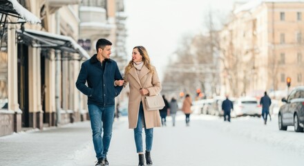 Obraz premium Couple walking on a snowy street in winter