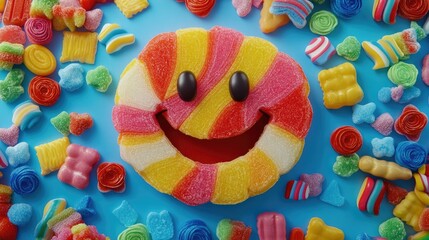 Obraz premium Candy smiley face made from colorful sweets, in a playful, cartoonish design. Sugary and joyful.