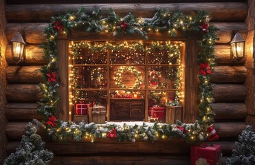 Fototapeta premium Cozy Log Cabin with Christmas Lights and Santa Workshop Display
