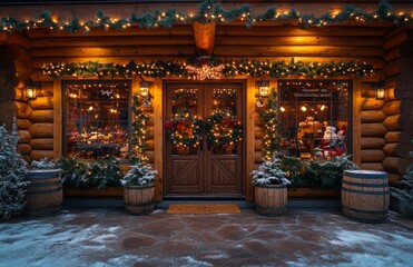 Cozy Log Cabin with Christmas Lights and Santa Workshop Display