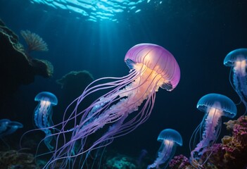 Obraz premium Enchanted Jellyfish: A Mesmerizing Voyage through a Bioluminescent Underwater Garden. Ai generated image.