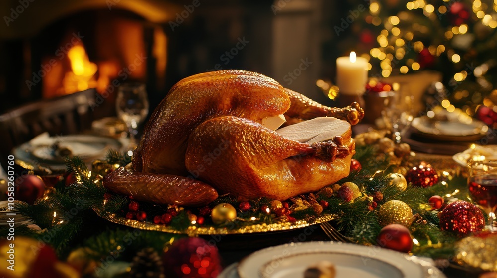 Wall mural a 3d close-up of a turkey being carved on a holiday table, with festive decorations and warm