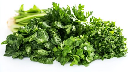 Fototapeta premium Fresh green veggies arranged beautifully against a stark white surface.