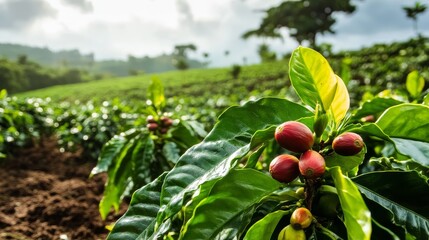 The vibrant landscape of Brazilian coffee farms supports diverse coffee varietals.