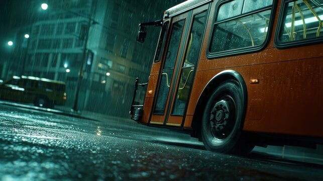 Cinematic sideview shot of a next-generation high-scale transport vehicle in rainy urban setting