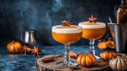 Fototapeta premium A cozy display of seasonal pumpkin spice drinks in a charming setting.