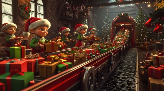 A 3D scene of elves in Santa's workshop wrapping gifts, with a large conveyor belt