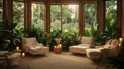 Fototapeta premium A serene indoor space with lush plants, cozy seating, and soft lighting, creating a tranquil and inviting atmosphere.