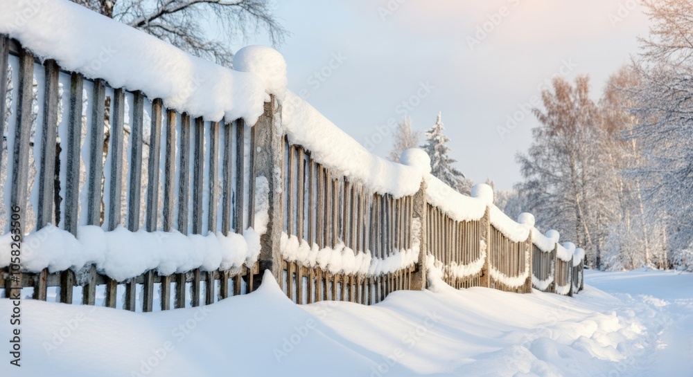 Wall mural winter fence covered in snow