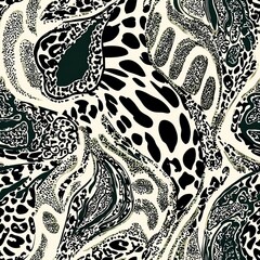 seamless pattern of paisley shapes filled with animal prints, combining two dynamic design elements for an exotic feel