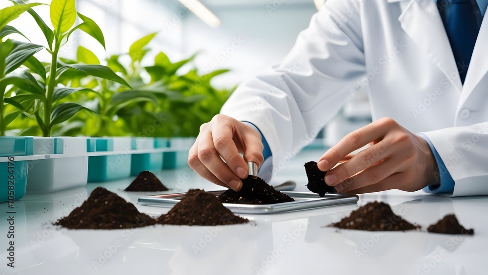 Poster a scientist measures soil samples in a lab with plants in the background, focusing on soil analysis 