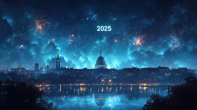 The year "2025" illuminated over a cityscape under a night sky filled with stars. The glowing numbers create a magical, hopeful ambiance, representing the arrival of a new year in a tranquil urban set - Powered by Adobe