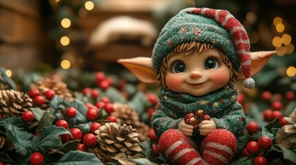 A 4K Christmas elf figurine with a green hat and red striped tights