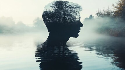 Silhouette with forest and water reflection.