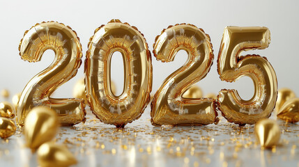 Golden "2025" balloons with dripping metallic paint on a white background. The unique texture and festive appearance add a creative, eye-catching element, perfect for New Year celebrations.
