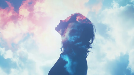 Silhouette in clouds with a dreamy atmosphere.