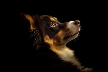 Mystic portrait of baby Australian Shepherd in studio, copy space on right side, Headshot, Close-up View, isolated on black background
