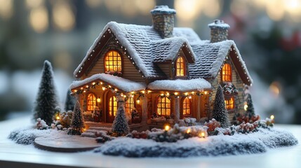 Naklejka premium A 4K Christmas village house decoration with lights and snow on the roof.