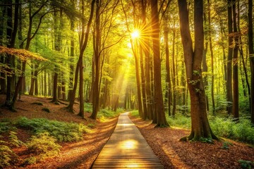 A golden pathway leads through the heart of a dense forest, where sunlight filters through the trees, outdoors, nature, forest