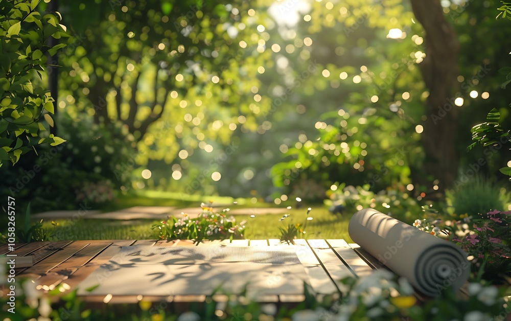 Poster a serene outdoor yoga space with a rolled mat surrounded by lush greenery and dappled sunlight filte