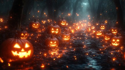 Spooky Halloween scene with glowing jack-o'-lanterns in a forest.