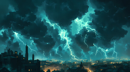 Dark thunderclouds dominate the sky, with powerful lightning electrifying the scene, creating a mysterious and foreboding ambiance at dusk. Rolling Thunderclouds. Illustration