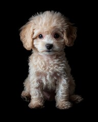 Obraz premium the baby Poodle front view, white copy space on right, Isolated on black Background