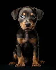 Obraz premium the baby Doberman Pinscher front view, white copy space on right, Isolated on black Background