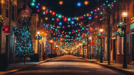 A charming street adorned with twinkling Christmas lights and decorated trees creates a magical holiday atmosphere.