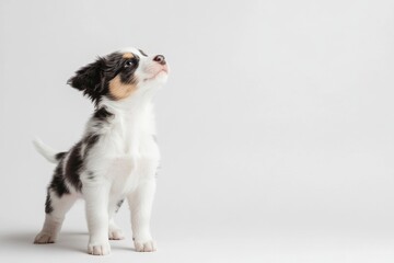 the beside view baby Australian Shepherd standing, left side view, low angle, white copy space on right, Isolated on White Background