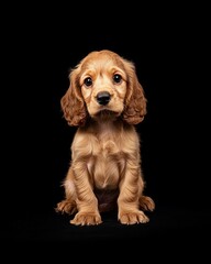 the baby Cocker Spaniel front view, white copy space on right, Isolated on black Background