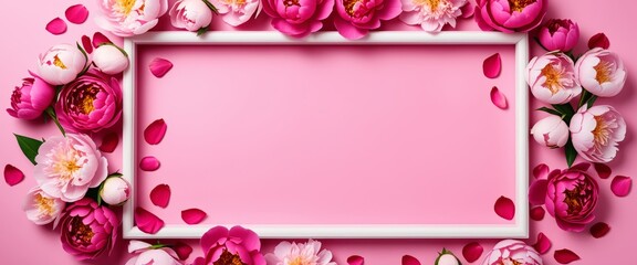 Pink peony floral frame with petals on pastel background