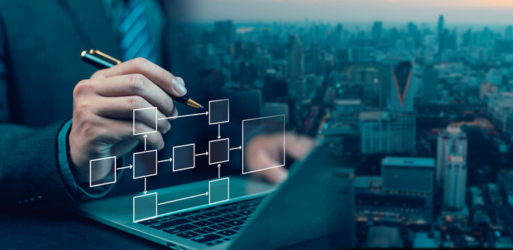 Businessman planning work, office concept hierarchical workflow process, flowchart layout, business information technology project