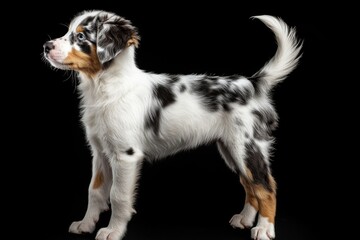 the beside view baby Australian Shepherd standing, left side view, low angle, white copy space on right, Isolated on black Background