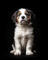 the baby Saint Bernard front view, white copy space on right, Isolated on black Background