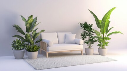Modern Living Room with Green Plants and White Sofa