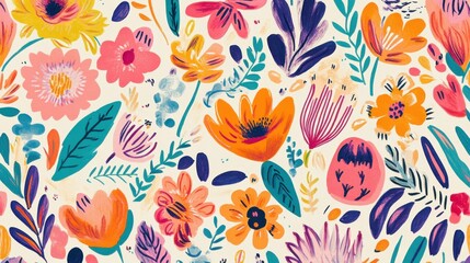An abstract floral pattern with bold, bright colors and intricate designs, set against a clean, white