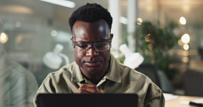 Black man, laptop and reading for research, networking contact and client communication in office. Human resources, business and online for review performance, development and employee engagement